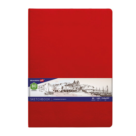Скетчбук BRAUBERG ART CLASSIC, красный, 80 л. цвета слоновой кости, А4, 140 гм2, кожзам, резинка